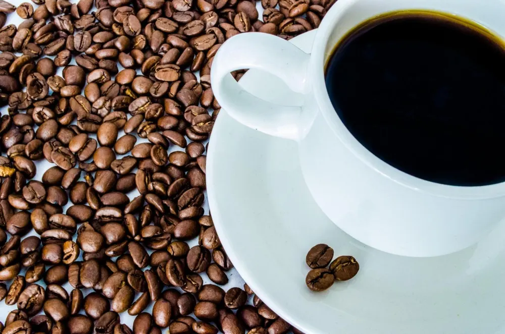 Taza de café solo sobre granos de café